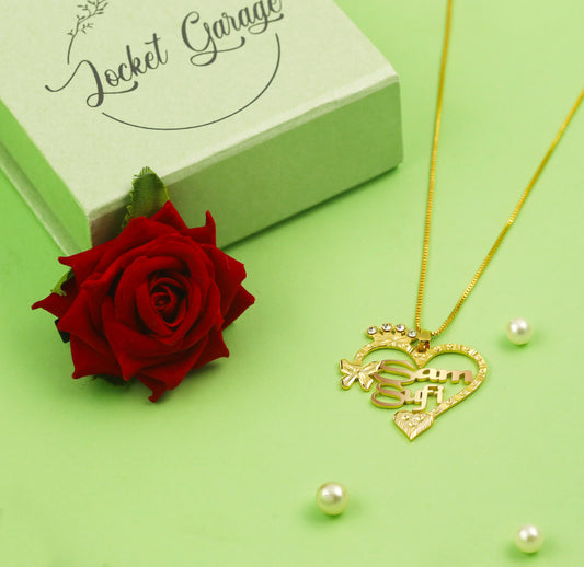 Couple Name two tone butterfly Heart name necklace