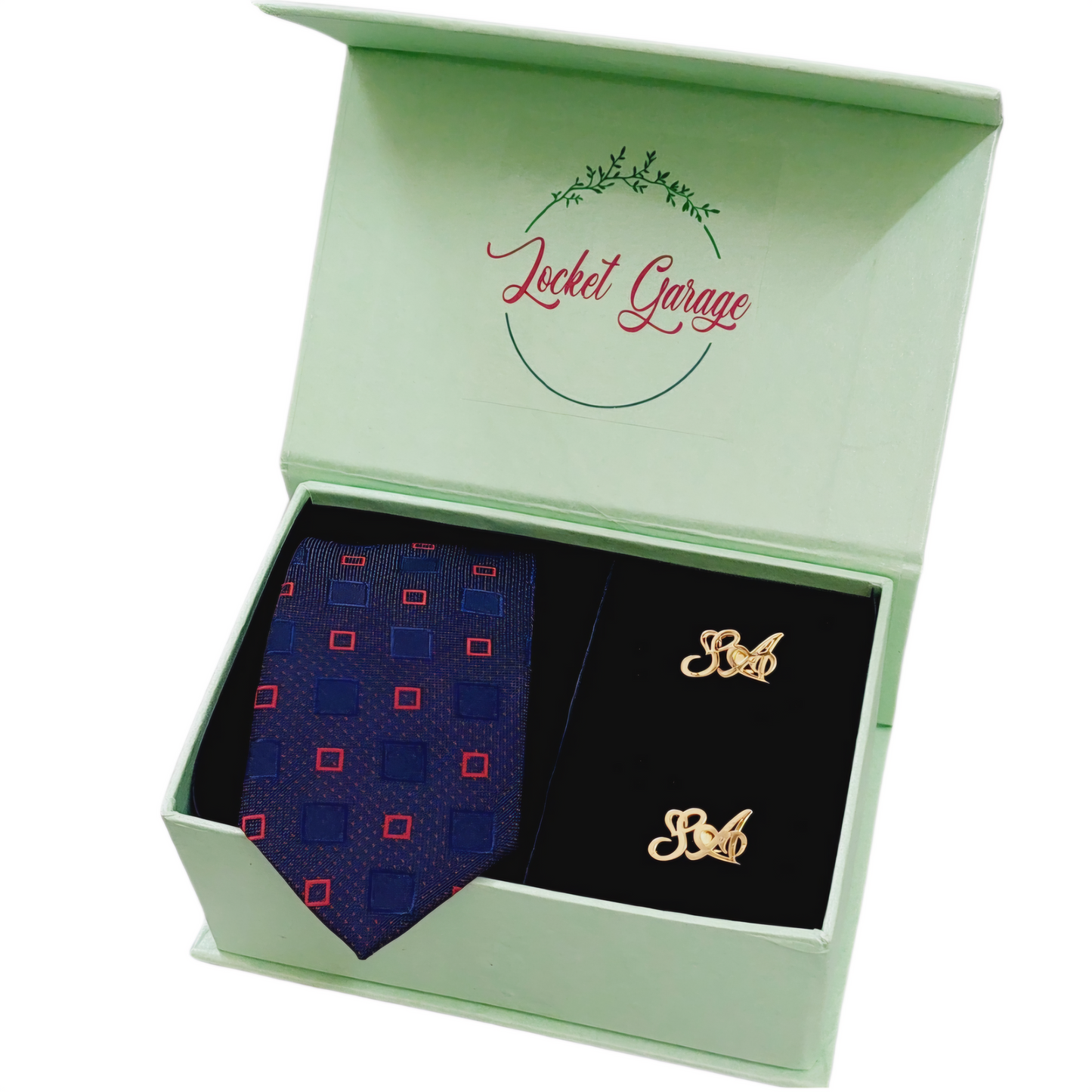 Men Combo Set of Personalised Initials Cufflinks and Navy Blue with Red Squared Embace Necktie