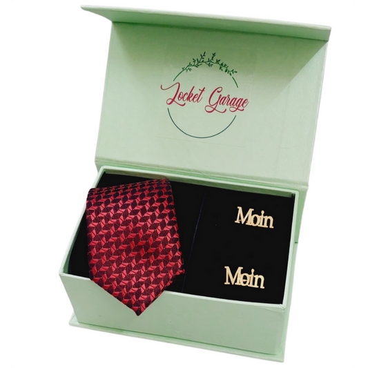 Boxed Combo Red & Black Printed Tie with Personalised Cufflinks