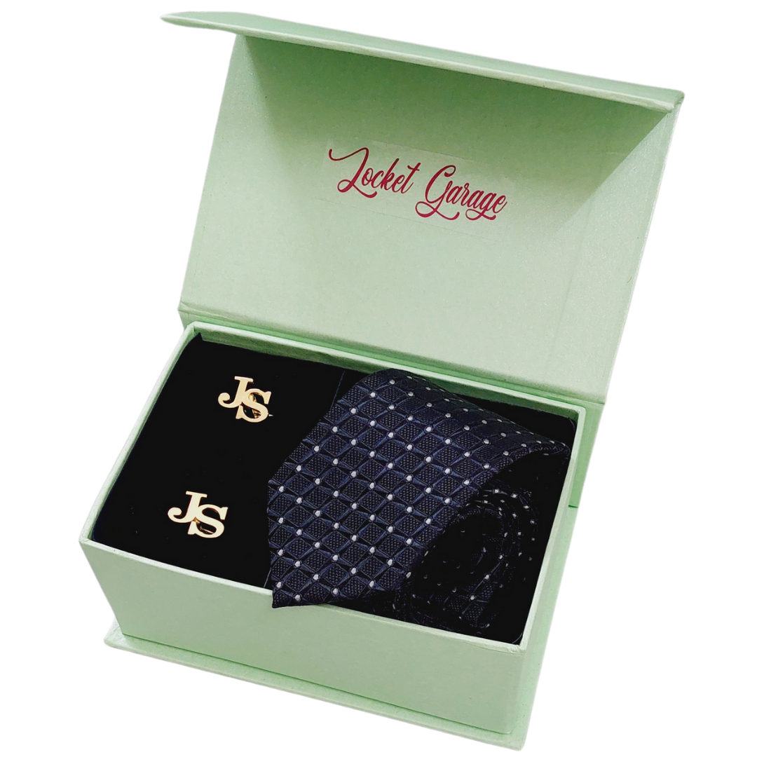 Men Accessory Gift Set of Personalised Initials Cufflinks and Navy Blue with White Dotted Tie