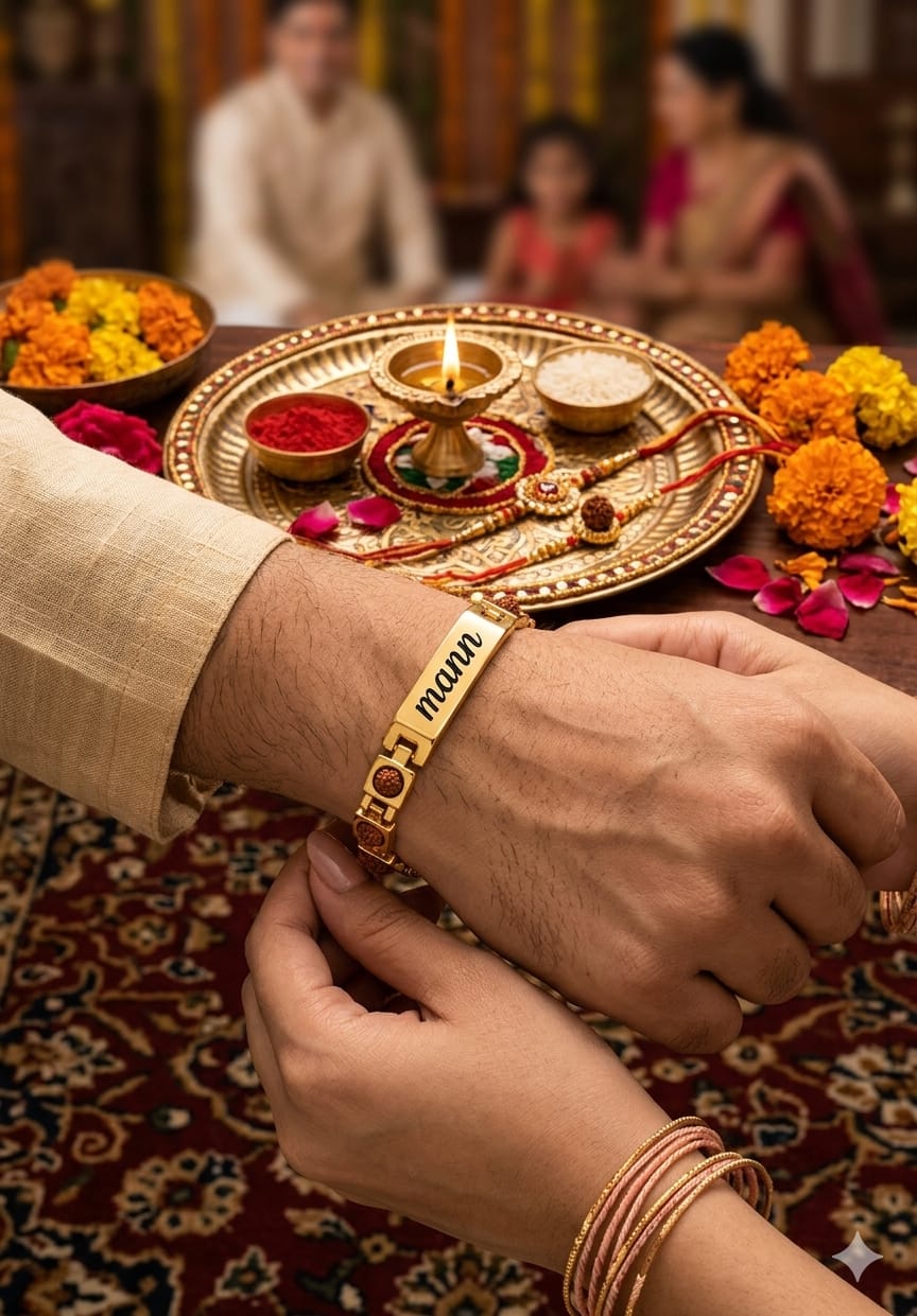 Gold Plated Rudraksh Rakhi Bracelet with Watch-Type Fitting