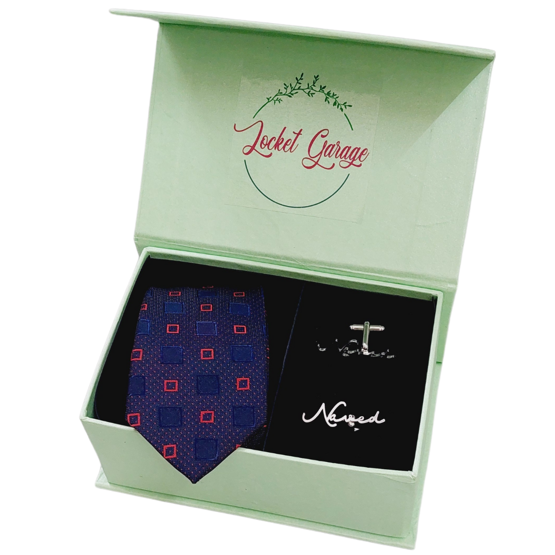 Personalised Cufflinks & Navy Blue with Red Squared Embace Necktie Gift Set