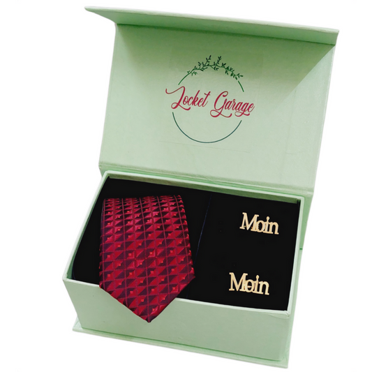 Boxed Combo Printed Burgundy Geometric NeckTie with Personalised Cufflinks