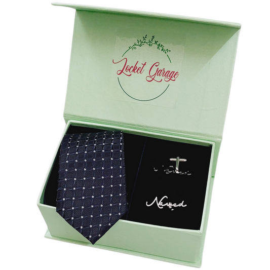 Personalised Initials Cufflinks and Navy Blue with White Dotted Tie Gift Set