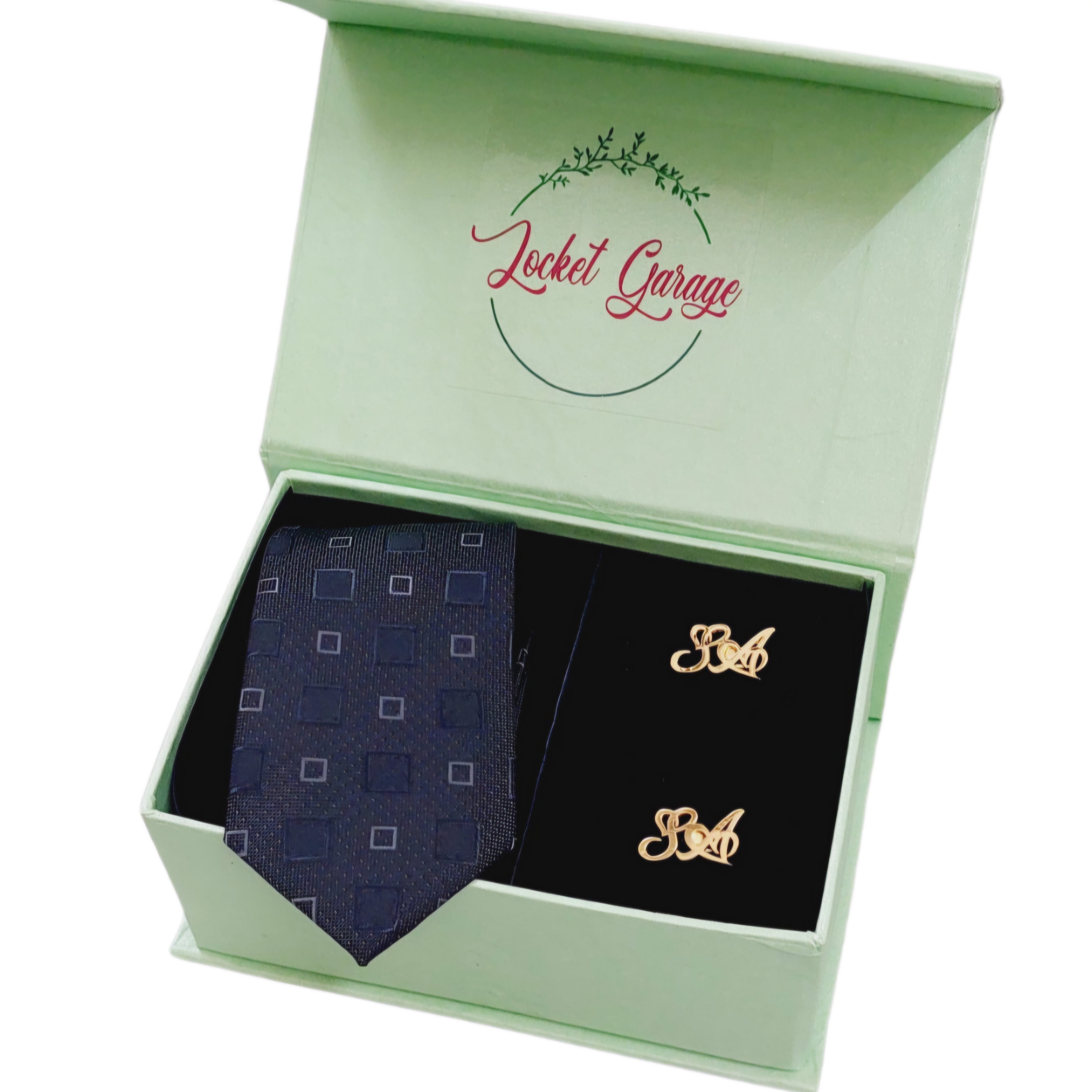 Men Combo Set of Personalised Initials Cufflinks and Printed Drak Grey Tie