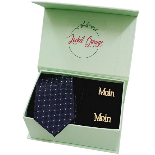 Boxed Combo Navy Blue with White Dotted Tie & Personalised Cufflinks