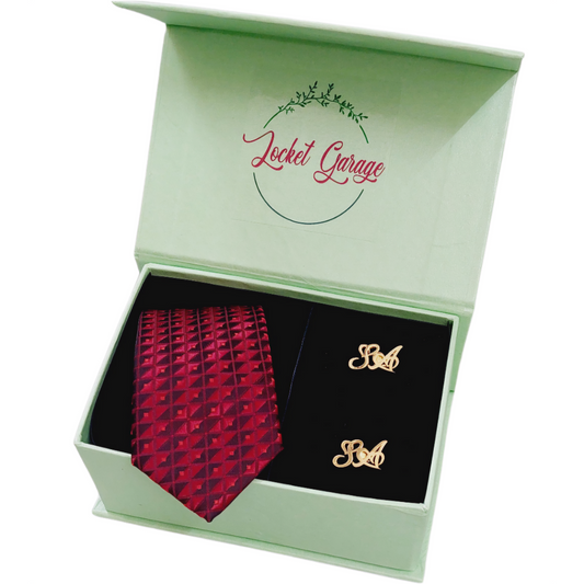 Men Combo Set of Personalised Initials Cufflinks and Burgundy Geometric NeckTie