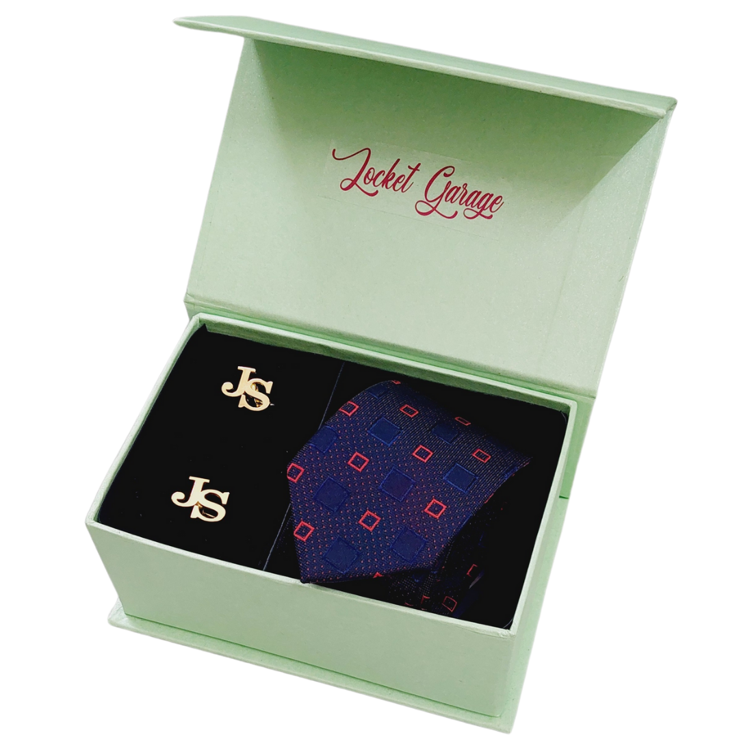 Personalised Initials Cufflinks and Navy Blue with Red Squared Embace Necktie Accessory Gift Set