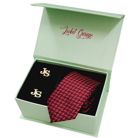 Men Accessory Gift Set of Personalised Initials Cufflinks and Red with Black Printed Tie