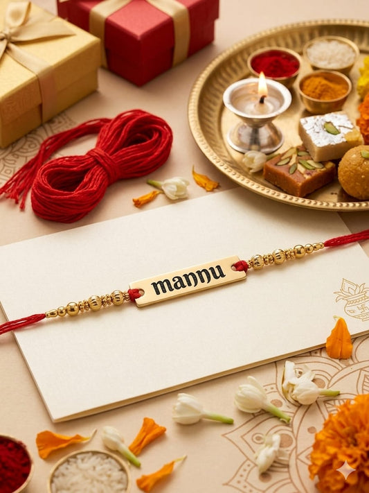 Customized Engraved Name Rakhi with Gold Beads | Personalized Rakhi for Brother