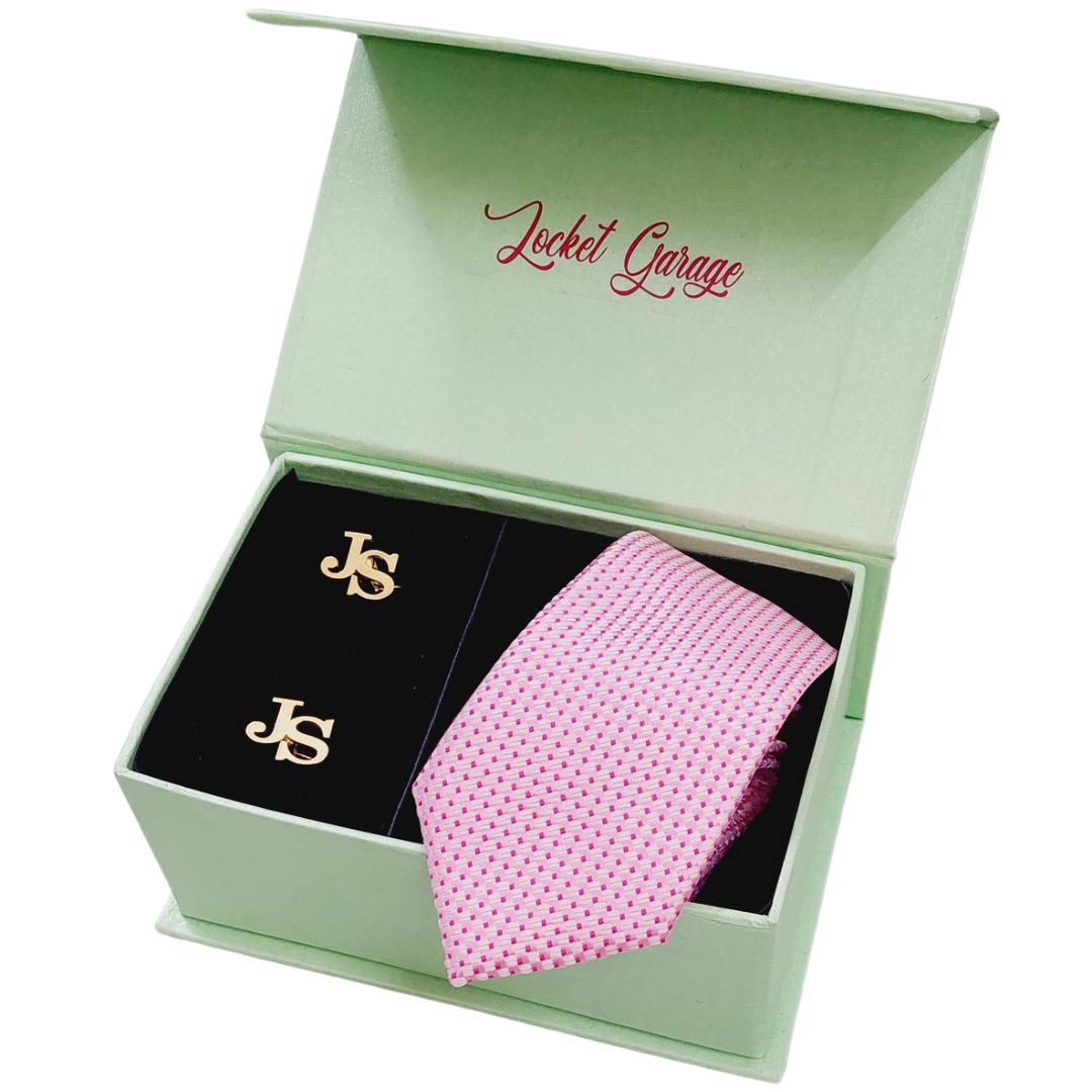 Men Accessory Gift Set of Personalised Initials Cufflinks and Bright Pink Checkered Tie