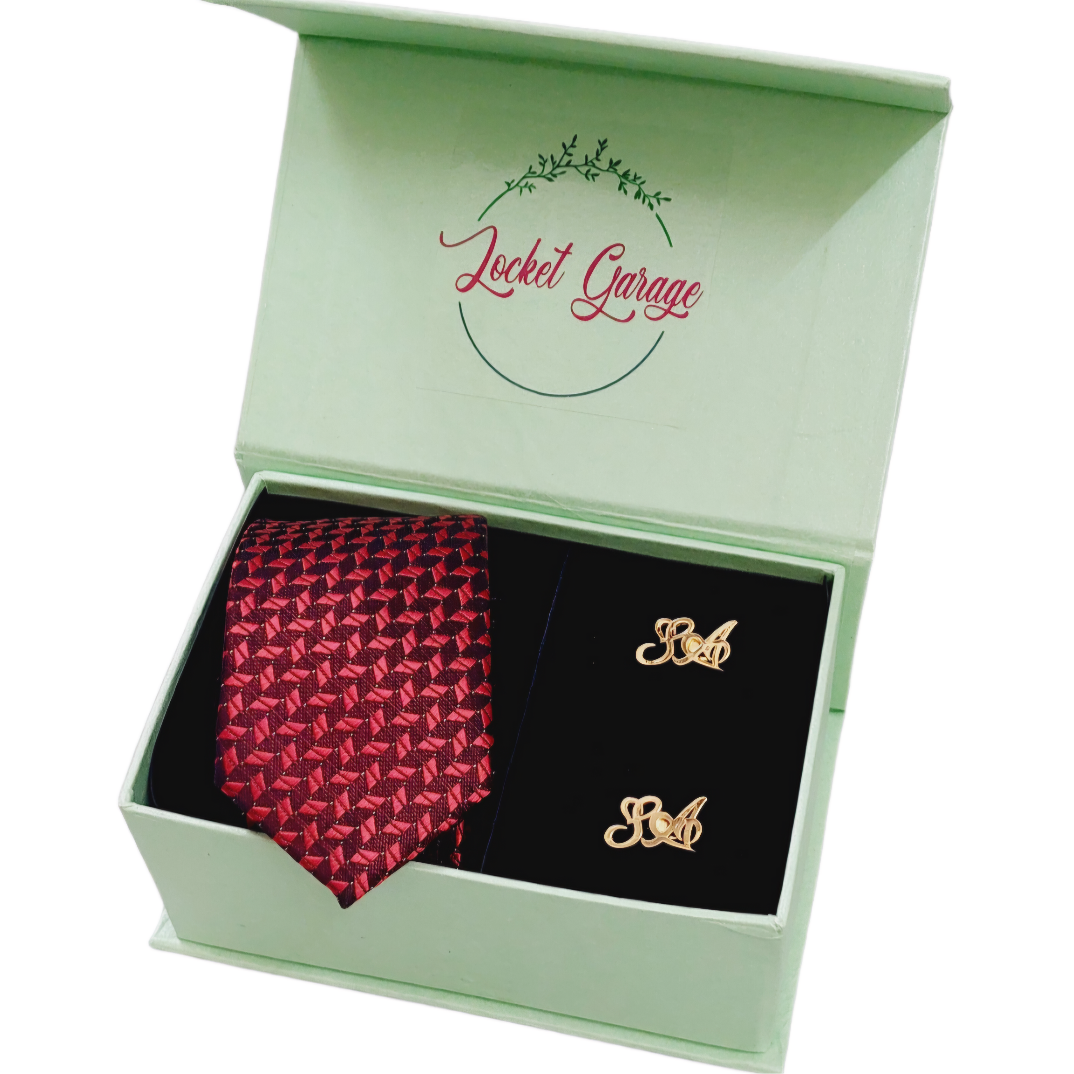 Men Combo Set of Personalised Initials Cufflinks and Red with Black Printed Tie