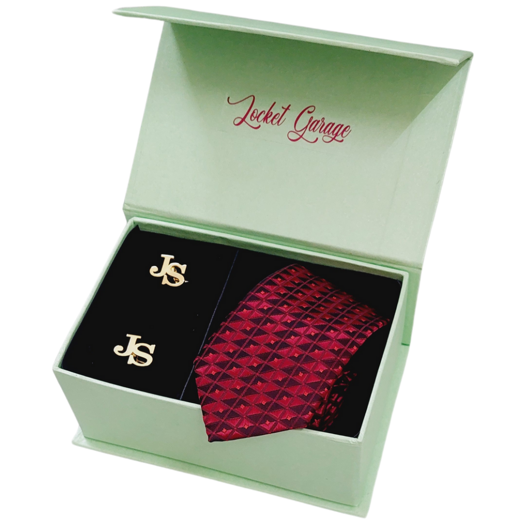 Men Accessory Gift Set of Personalised Initials Cufflinks and Burgundy Geometric NeckTie