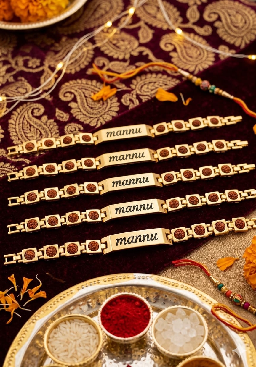 Gold Plated Rudraksh Rakhi Bracelet with Watch-Type Fitting