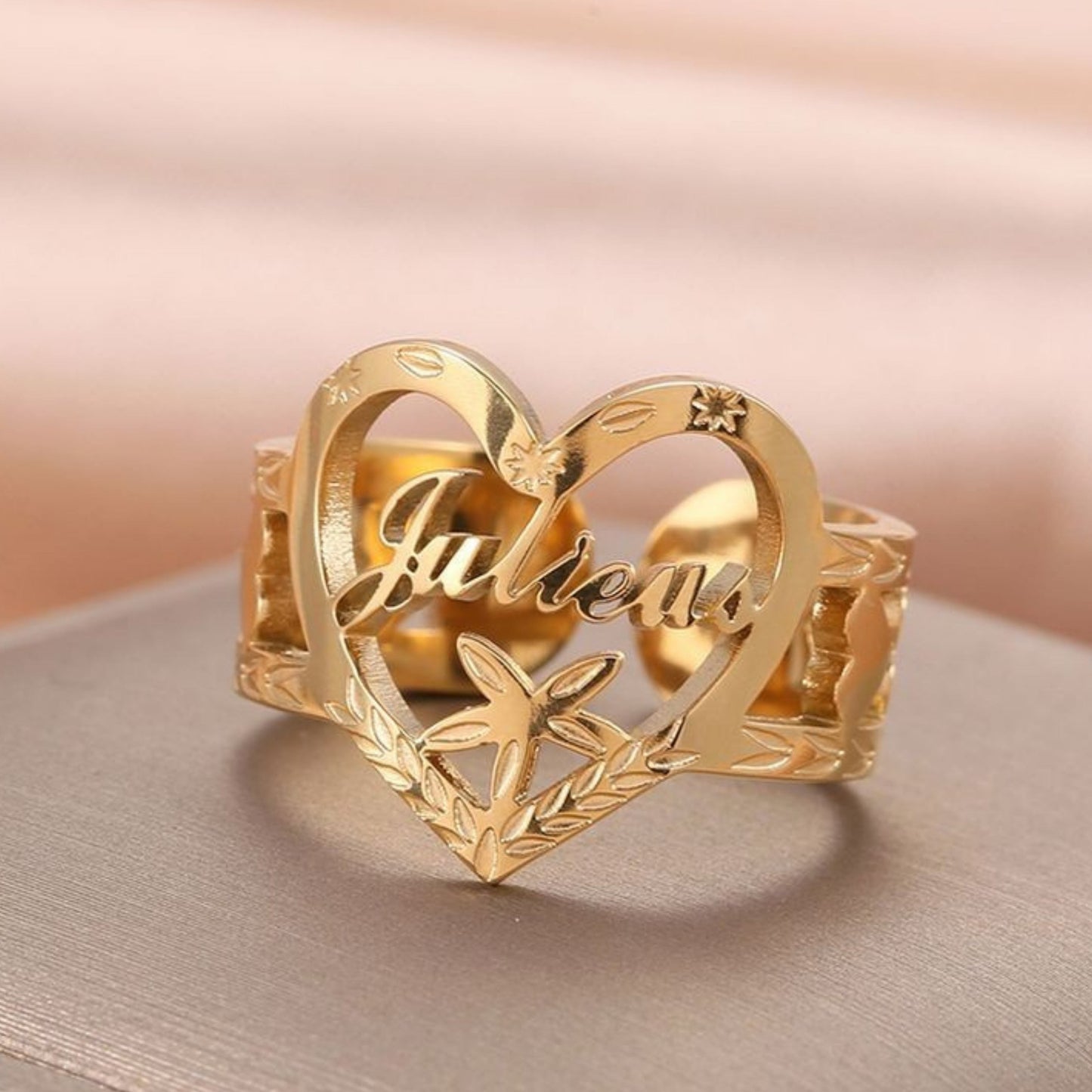 Adjustable Personalized Heart Name Ring – Custom Engraved with Anti-Tarnish Finish