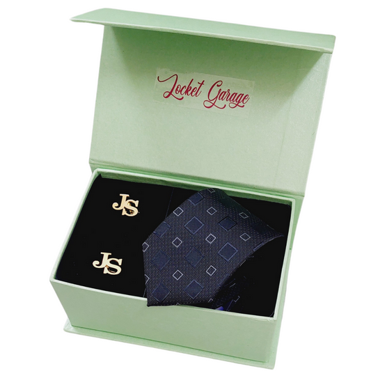 Men Accessory Gift Set of Personalised Initials Cufflinks and Printed Drak Grey Tie