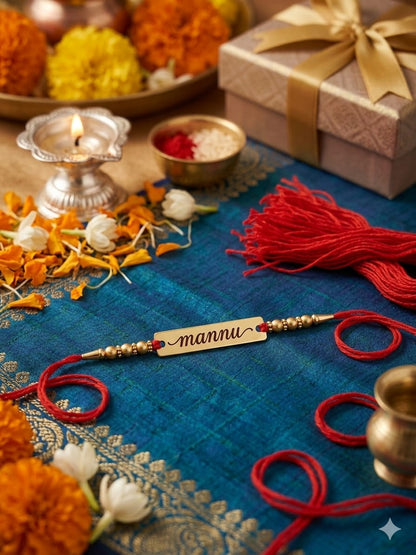 Customized Engraved Name Rakhi with Gold Beads | Personalized Rakhi for Brother