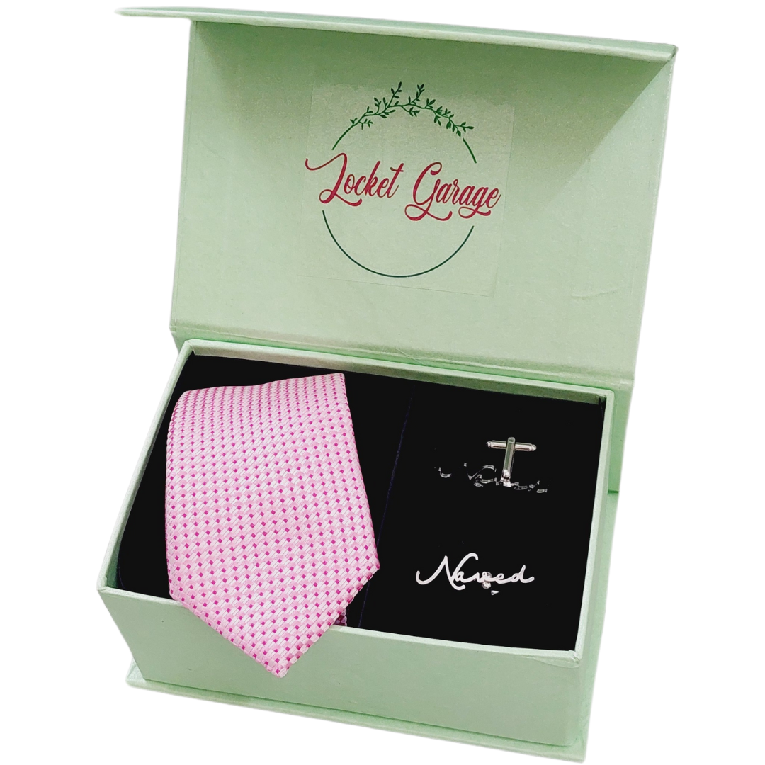 Bright Pink Checkered Tie with Personalised Cufflinks Gift Set